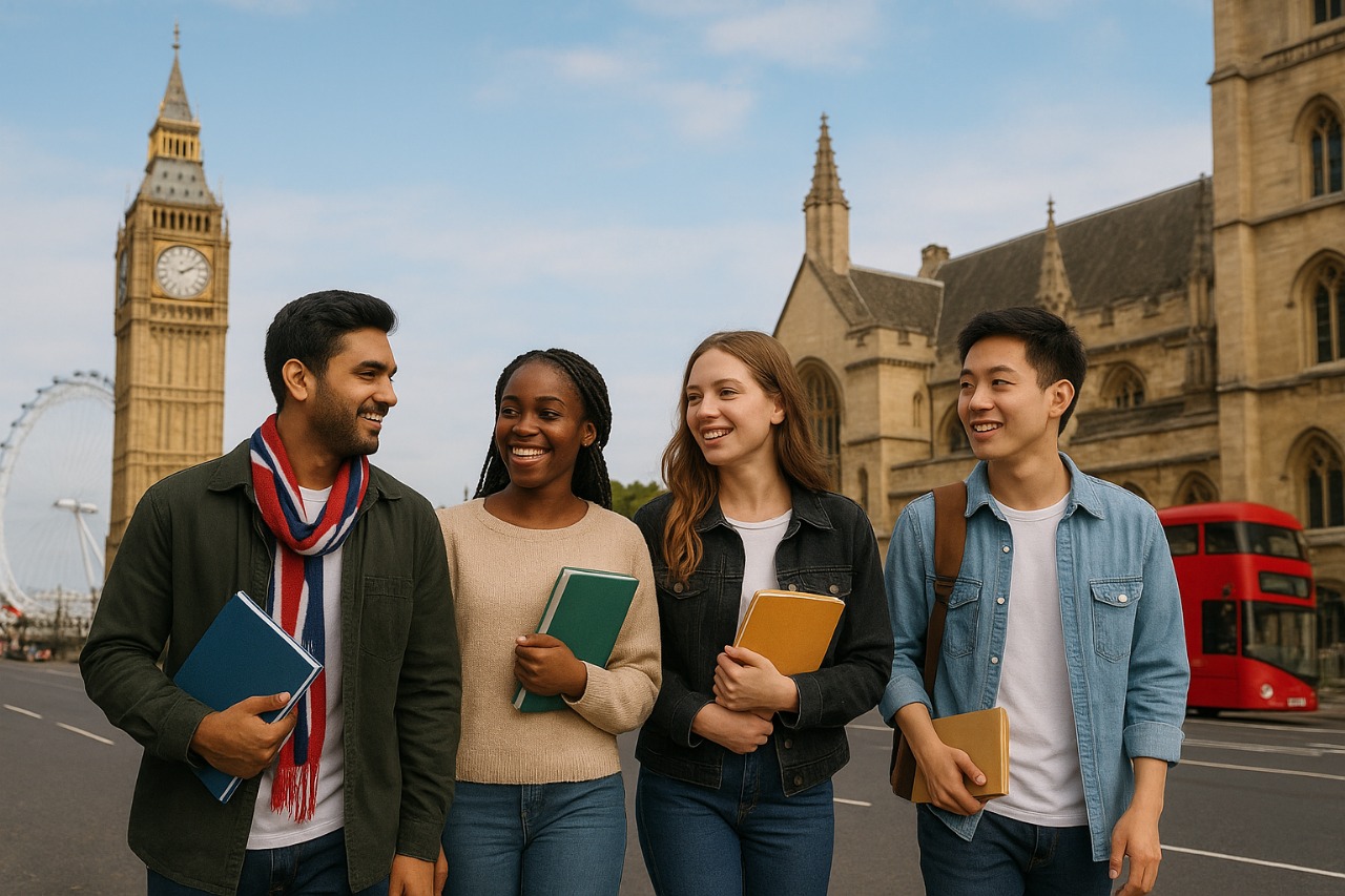 Four smiling international students carrying books walk past Big Ben, the London Eye and a red double-decker bus — a promotional scene for study abroad agencies in Kerala.